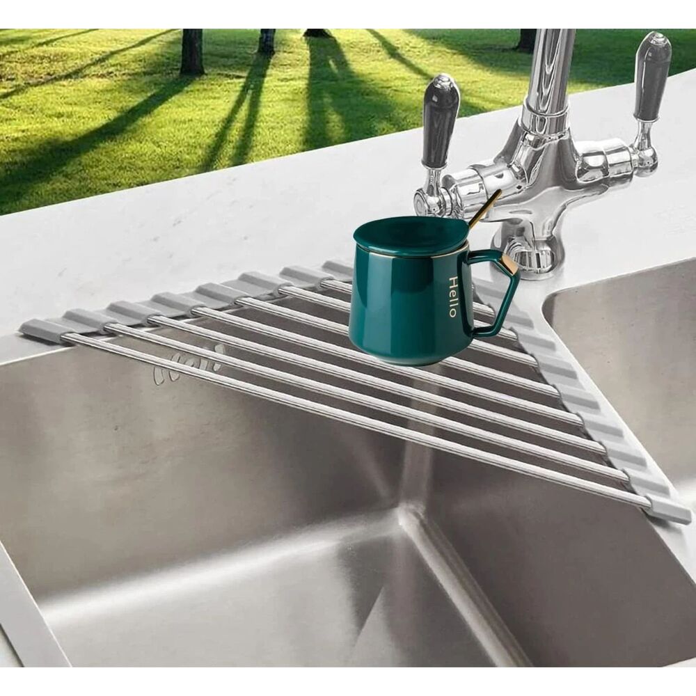 Roll-Up Triangle Dish Drying Rack Corner Sink Dish Drainer Space Saving NWT